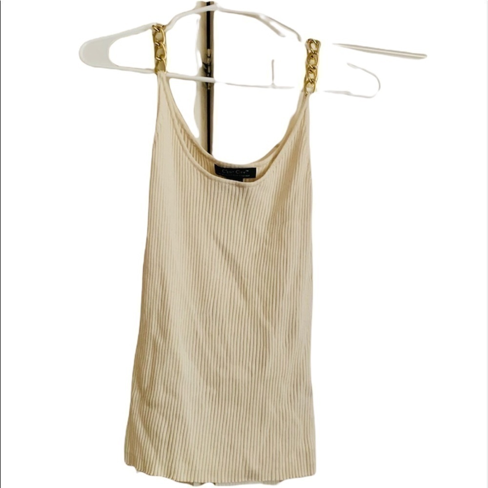 - August Silk gold chain strap knit tank top